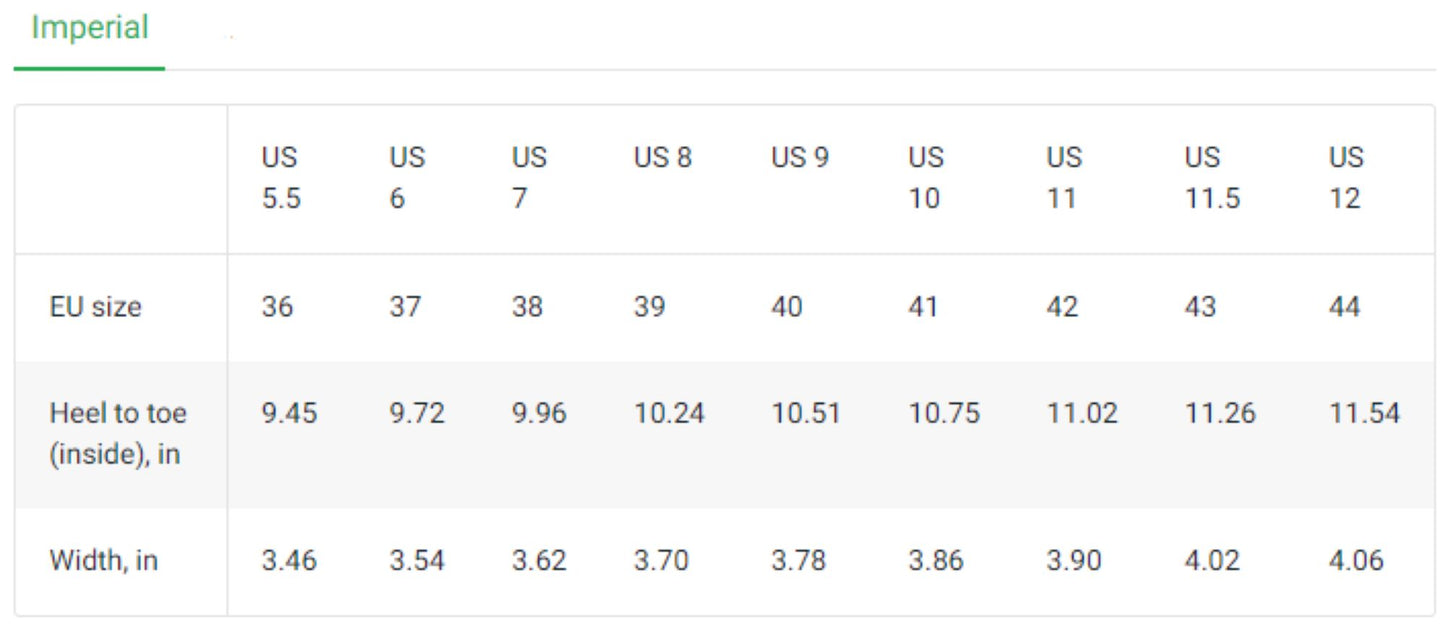 Table showing shoe size conversions between US and EU systems with additional measurements.