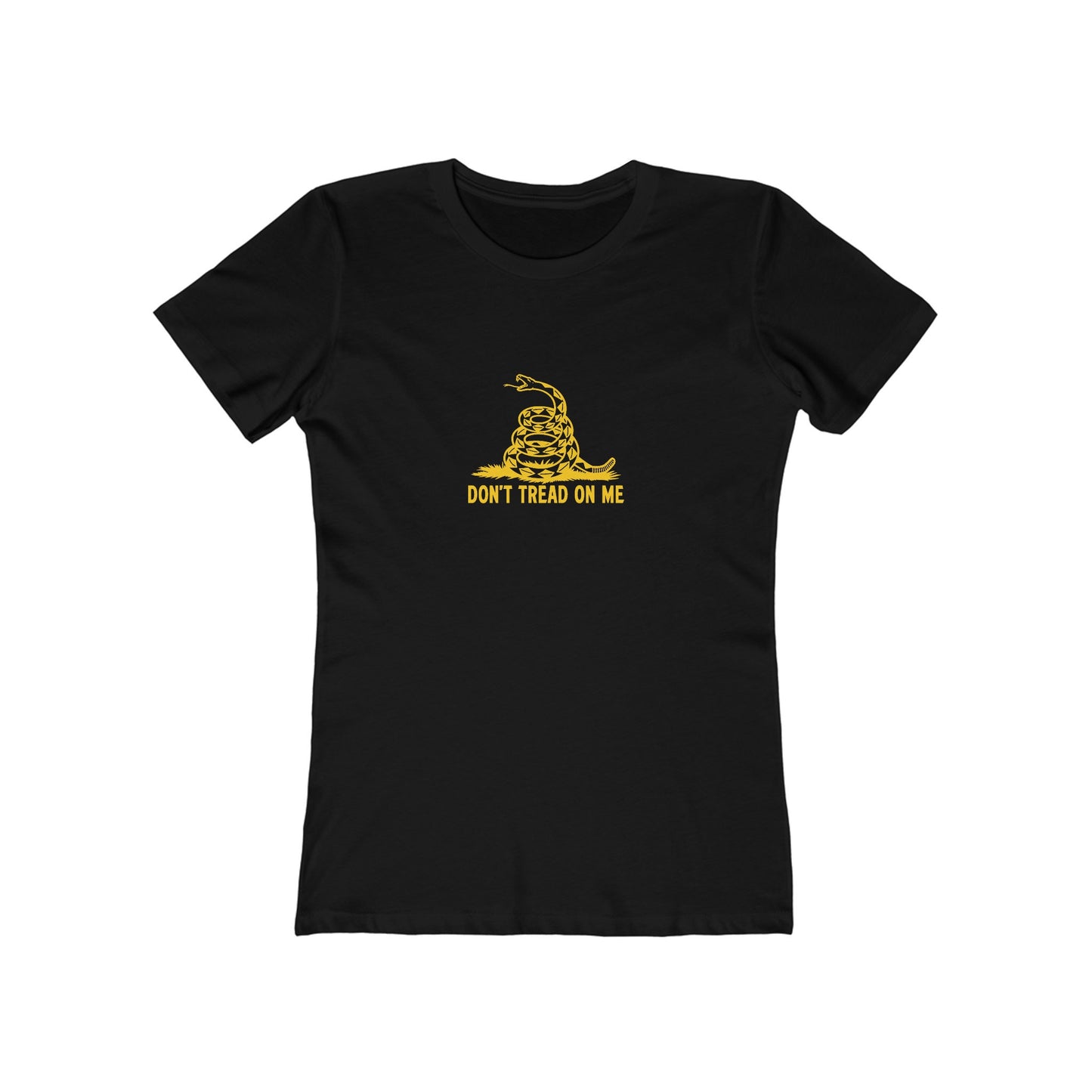 Black women's fitted t-shirt featuring a yellow coiled snake graphic above the bold text "DON'T TREAD ON ME" centered on the chest, displayed on a plain white background.
