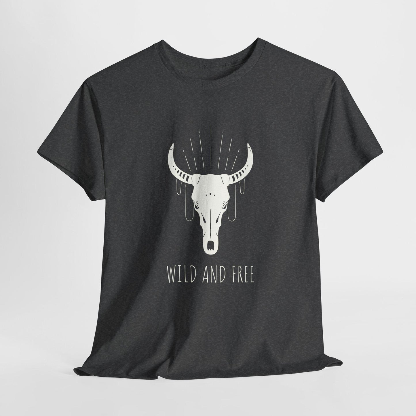 Dark gray T-shirt displayed against a plain light background. The shirt features a large white graphic of a bull skull with decorative lines above it and the text “WILD AND FREE” printed below.