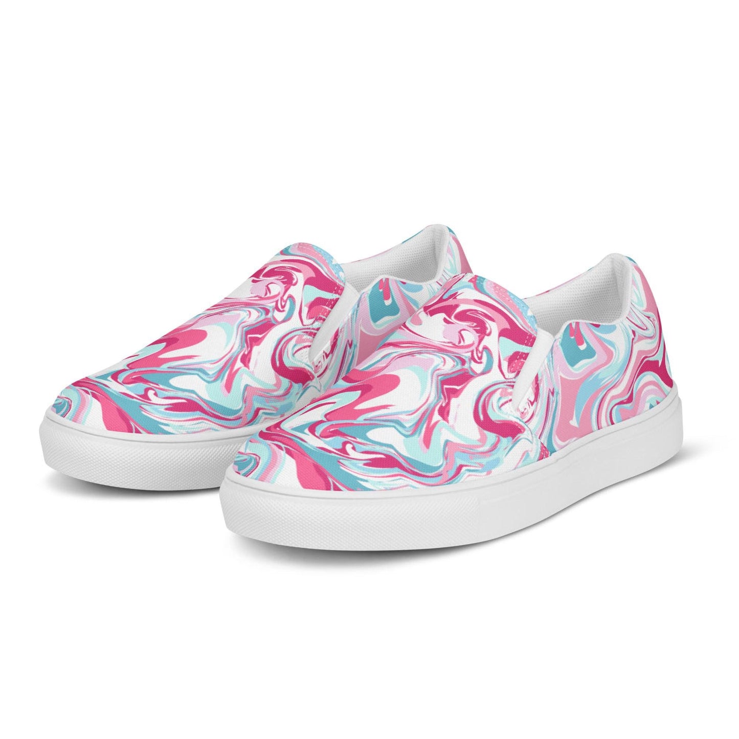 A pair of slip-on sneakers with a bold marbled swirl design in pink, teal, and white. The shoes have white elastic side panels and white rubber soles, and are displayed on a clean white background at a slight angle to showcase both the front and side views.