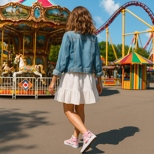 A young girl with wavy hair is walking through an amusement park on a sunny day. She is wearing a light denim jacket over a white ruffled dress and pink camo high-top sneakers. In the background, there is a colorful carousel with painted horses and a roller coaster track looping in the sky.