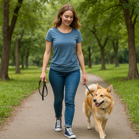 A young woman is walking a fluffy, golden-colored dog on a leash through a tree-lined park. She is wearing a blue T-shirt, rolled-up skinny jeans, and navy blue high-top sneakers with white laces and soles. She is smiling and looking down at the dog as they walk along a paved path surrounded by green grass and tall trees.