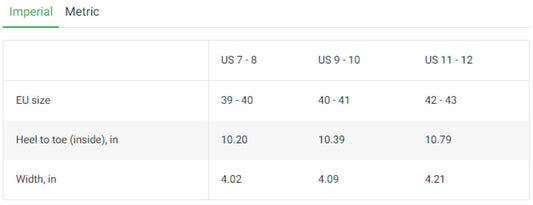 Size chart showing US, EU, and inch measurements for slippers:
US sizes 7–8 (EU 39–40) measure 10.20 inches long and 4.02 inches wide
US sizes 9–10 (EU 40–41) measure 10.39 inches long and 4.09 inches wide
US sizes 11–12 (EU 42–43) measure 10.79 inches long and 4.21 inches wide.