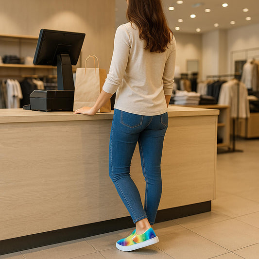 Woman standing at a retail store checkout counter wearing bright rainbow tie-dye slip-on sneakers, paired with blue skinny jeans and a beige long-sleeve top. The casual shoes showcase a vivid multicolor design in shades of blue, green, orange, and purple with a smooth gradient finish. These bold, artistic canvas sneakers feature a clean white sole and no laces, making them stylish and easy to wear.