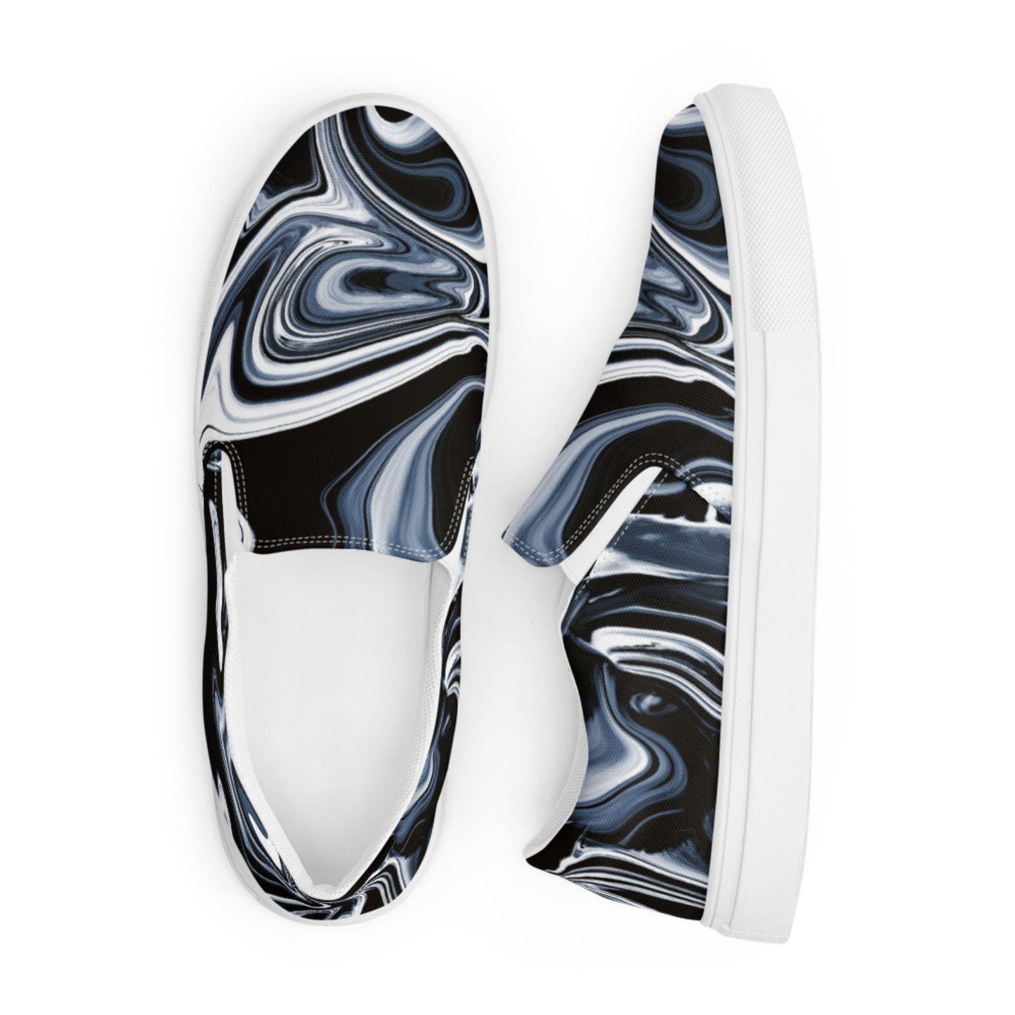 Women's slip-on canvas shoes with a bold black, white, and gray marbled swirl design shown from top and side angles on a white background. Features include white rubber soles and elastic side accents for easy wear.