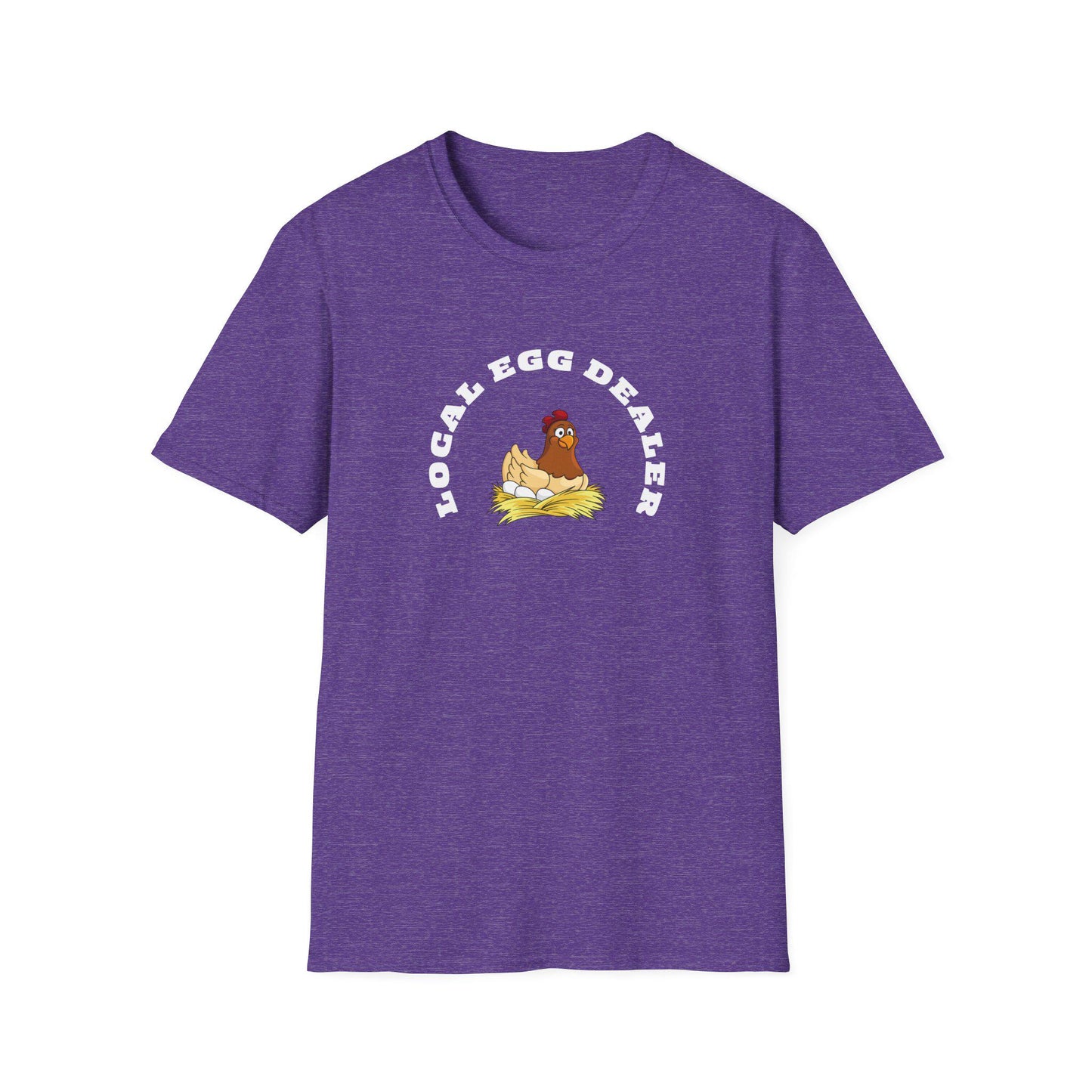 Etsy SEO Writer said:
Heather purple unisex t-shirt with a humorous graphic of a cartoon hen sitting on a nest of eggs. Above the illustration, bold white text reads “LOCAL EGG DEALER” in a curved arch. The shirt is laid flat on a white background, highlighting its soft texture, relaxed fit, and crew neck design.