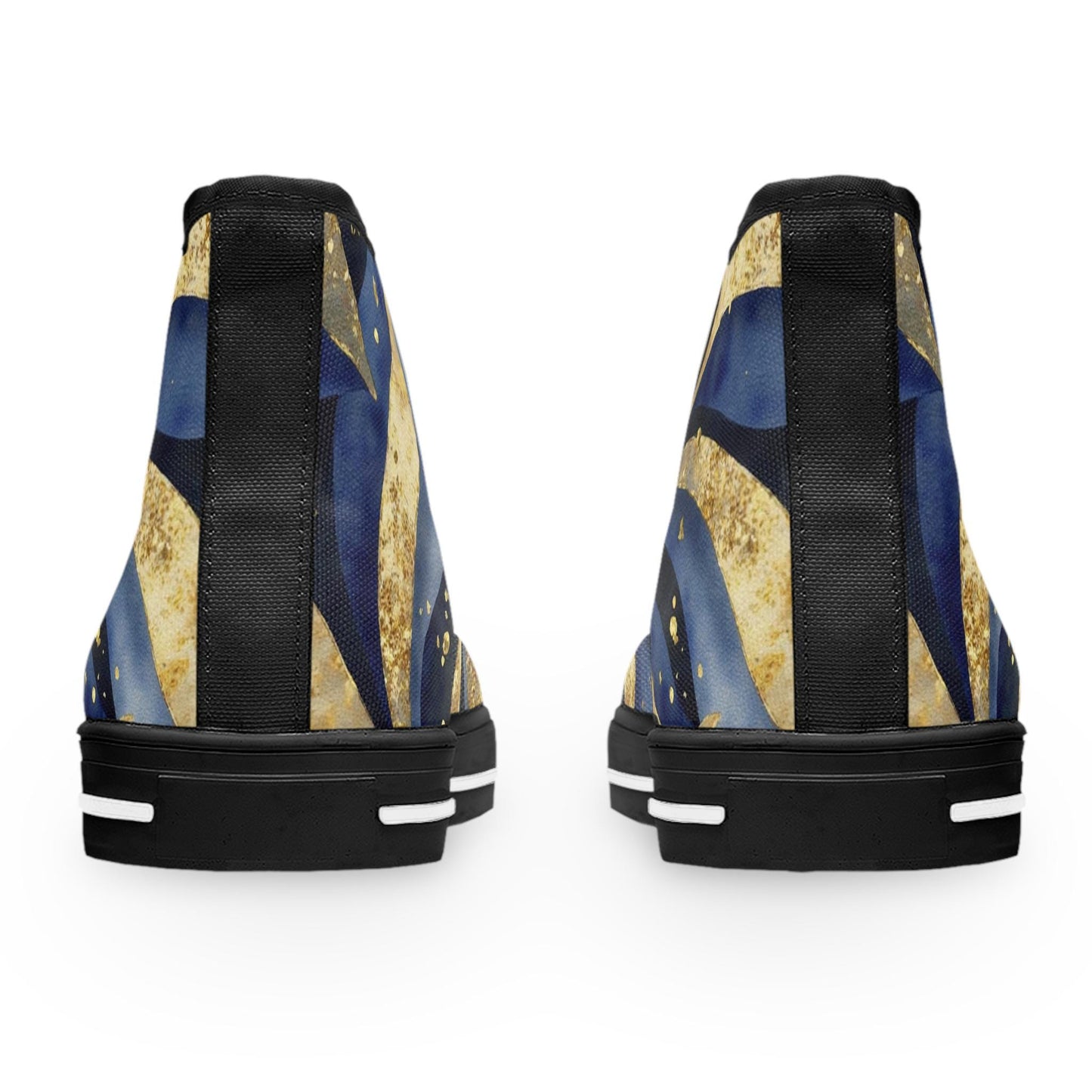 Rear view of a pair of high-top sneakers featuring an abstract navy blue, gold, and black design with swirling shapes and dotted accents. The shoes have black vertical heel strips, black rubber soles, and white stripe detailing on the outsoles, displayed against a white background.