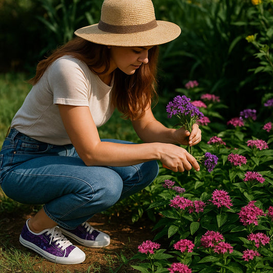 A woman wearing a straw hat, light beige T-shirt, and blue jeans is crouching in a flower garden, gently picking a bunch of purple flowers. She is wearing low-top sneakers with a purple floral pattern, white laces, and white rubber toe caps. Surrounding her are vibrant pink and purple blossoms and lush green foliage, creating a peaceful and colorful outdoor setting.