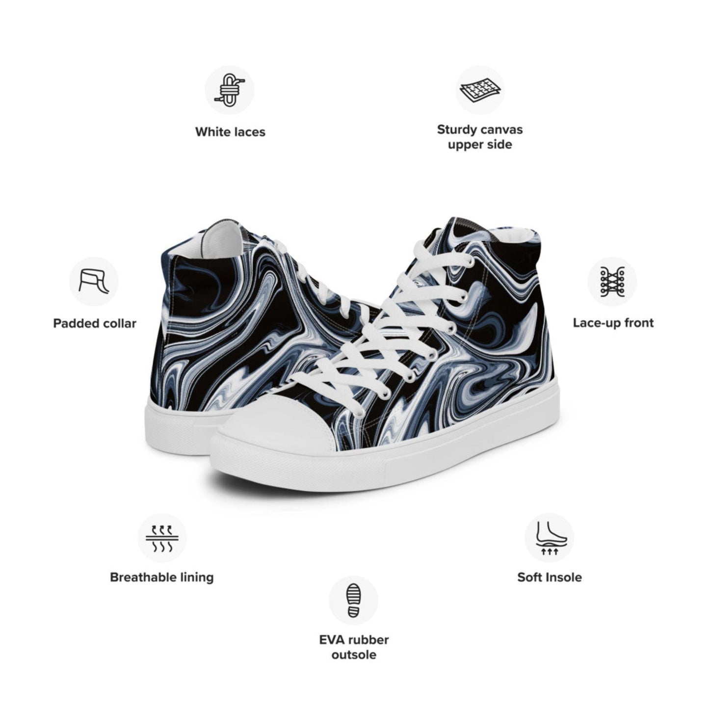 High-top sneakers with a striking black, white, and blue marble swirl design, surrounded by labeled feature icons. Highlights include white laces, sturdy canvas upper side, lace-up front, padded collar, breathable lining, EVA rubber outsole, and soft insole—all designed for style and comfort.