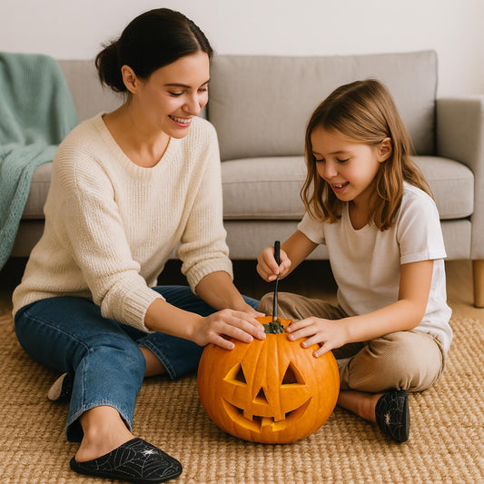 A smiling woman and young girl carve a jack-o'-lantern together on a woven rug in a cozy living room. Both are wearing black slippers with white spiderweb and spider designs, adding a festive Halloween touch to the scene. A gray couch and soft blanket are visible in the background.