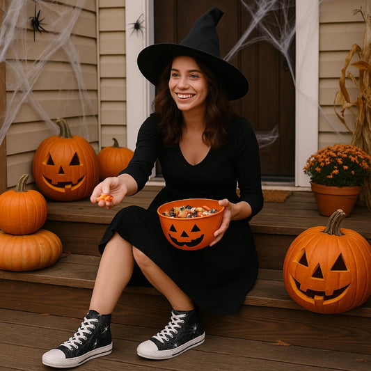 Smiling woman dressed in a black witch costume sitting on a porch decorated for Halloween. She is holding an orange jack-o'-lantern candy bowl and handing out candy. The porch is adorned with carved pumpkins, spiderwebs, and autumn flowers. She is wearing black high-top sneakers with a white spiderweb design and white laces.