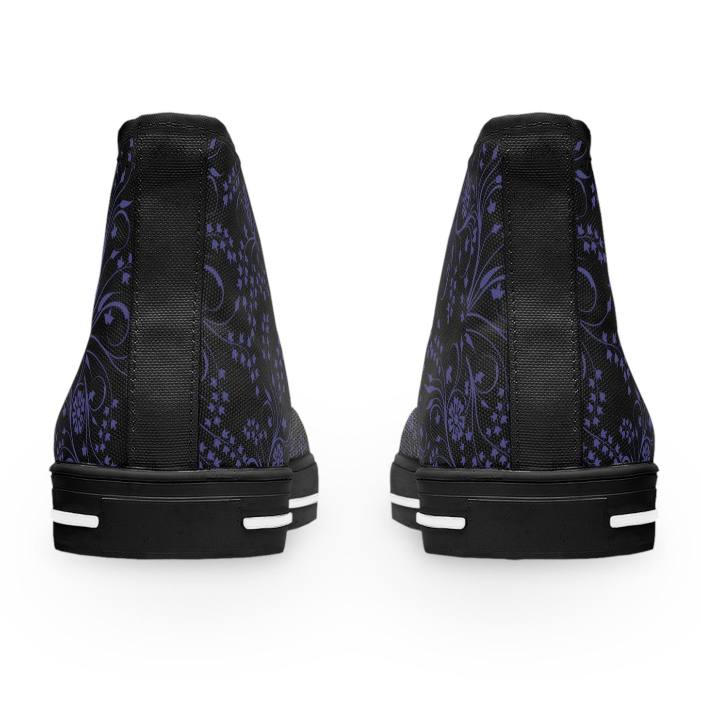 Rear view of a pair of high-top sneakers shown against a white background. The shoes feature a black upper with an intricate purple floral and paisley pattern. A solid black vertical strip runs down the back of each shoe, complementing the black soles with white accent lines for a sleek, stylish contrast.