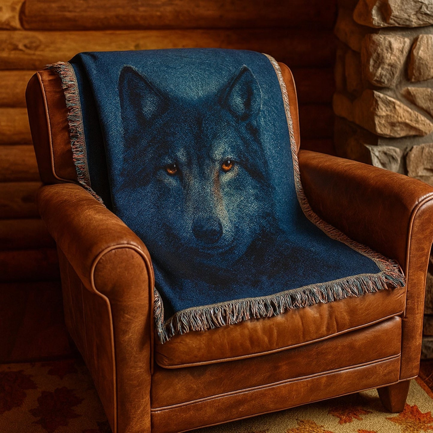 ChatGPT said:
A cozy woven blanket featuring a lifelike image of a wolf's face with amber eyes, draped over a rustic brown leather armchair in a cabin-style setting with log walls and a stone fireplace. The blanket has multicolored fringed edges, adding texture and warmth to the inviting scene.