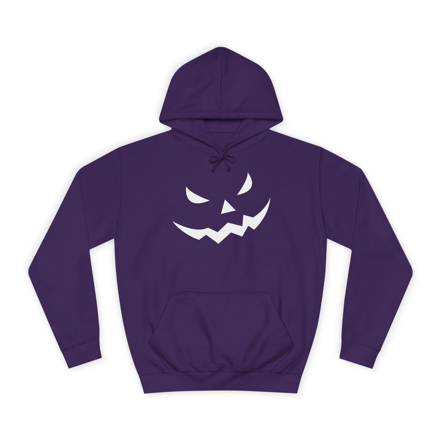 Purple hoodie laid flat on a white background, featuring a bold white jack-o'-lantern face design on the front. The hoodie includes a front pouch pocket and drawstring hood, perfect for Halloween-themed wear.