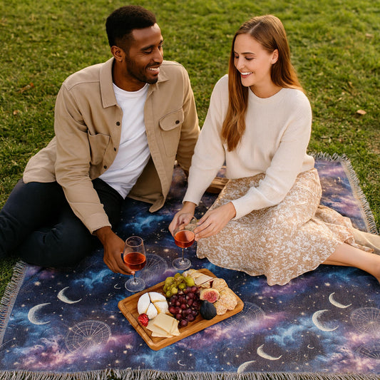 A couple enjoying a picnic on a celestial-themed woven blanket laid out on green grass. The blanket features a night sky design with crescent moons, stars, and constellations in deep purples and blues. They are smiling at each other while holding glasses of rosé wine, with a wooden tray in front of them topped with grapes, figs, cheese, crackers, and pastries.