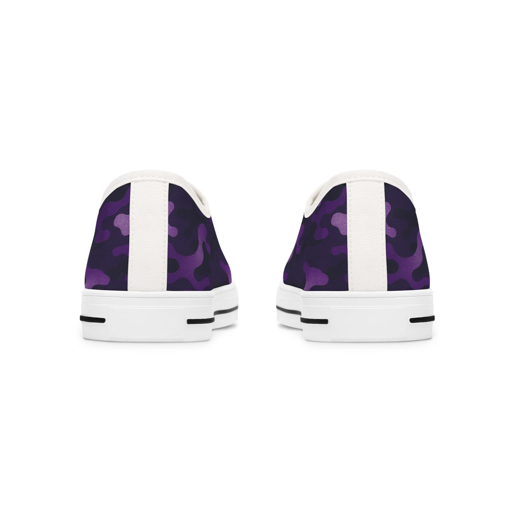 Purple camo and white sneakers with a pattern on a white background