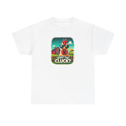 White unisex t-shirt featuring a colorful graphic of a cool cartoon chicken wearing sunglasses in front of a red barn and sunrise, with the humorous phrase "What the Cluck?" printed below.