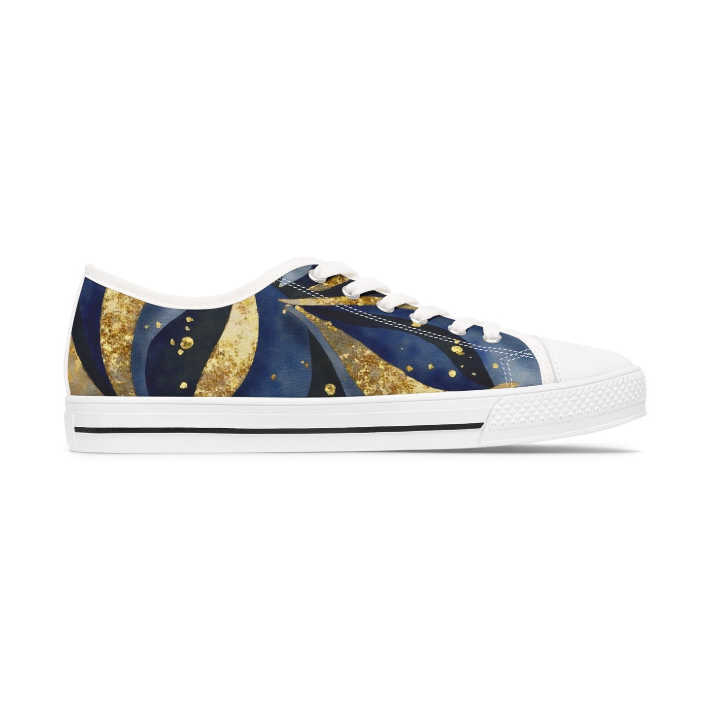 Navy and gold sneaker with white sole on a white background