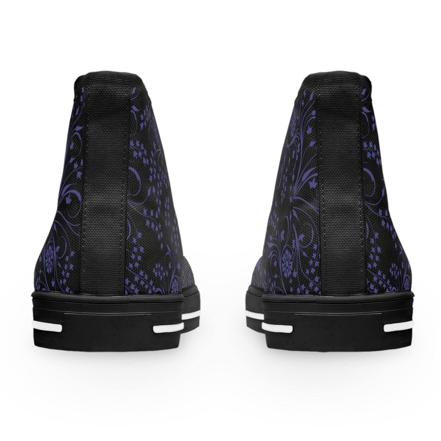 Black high-top sneakers with purple floral pattern on a white background