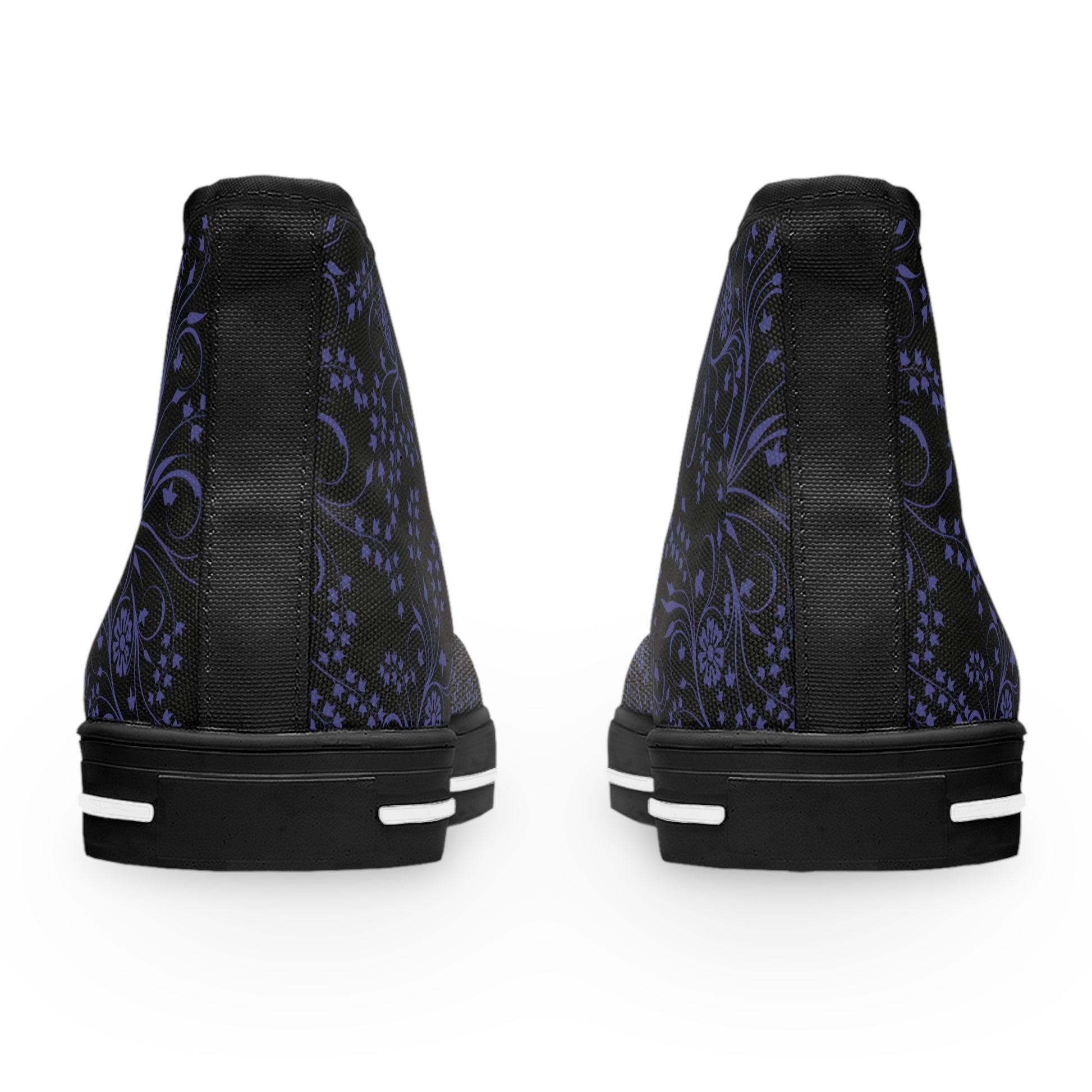 Black high-top sneakers with purple floral pattern on a white background