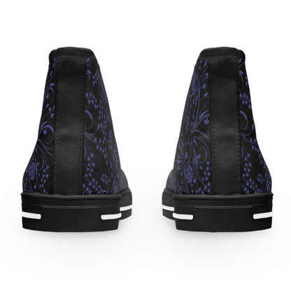 Black high-top sneakers with purple floral pattern on a white background