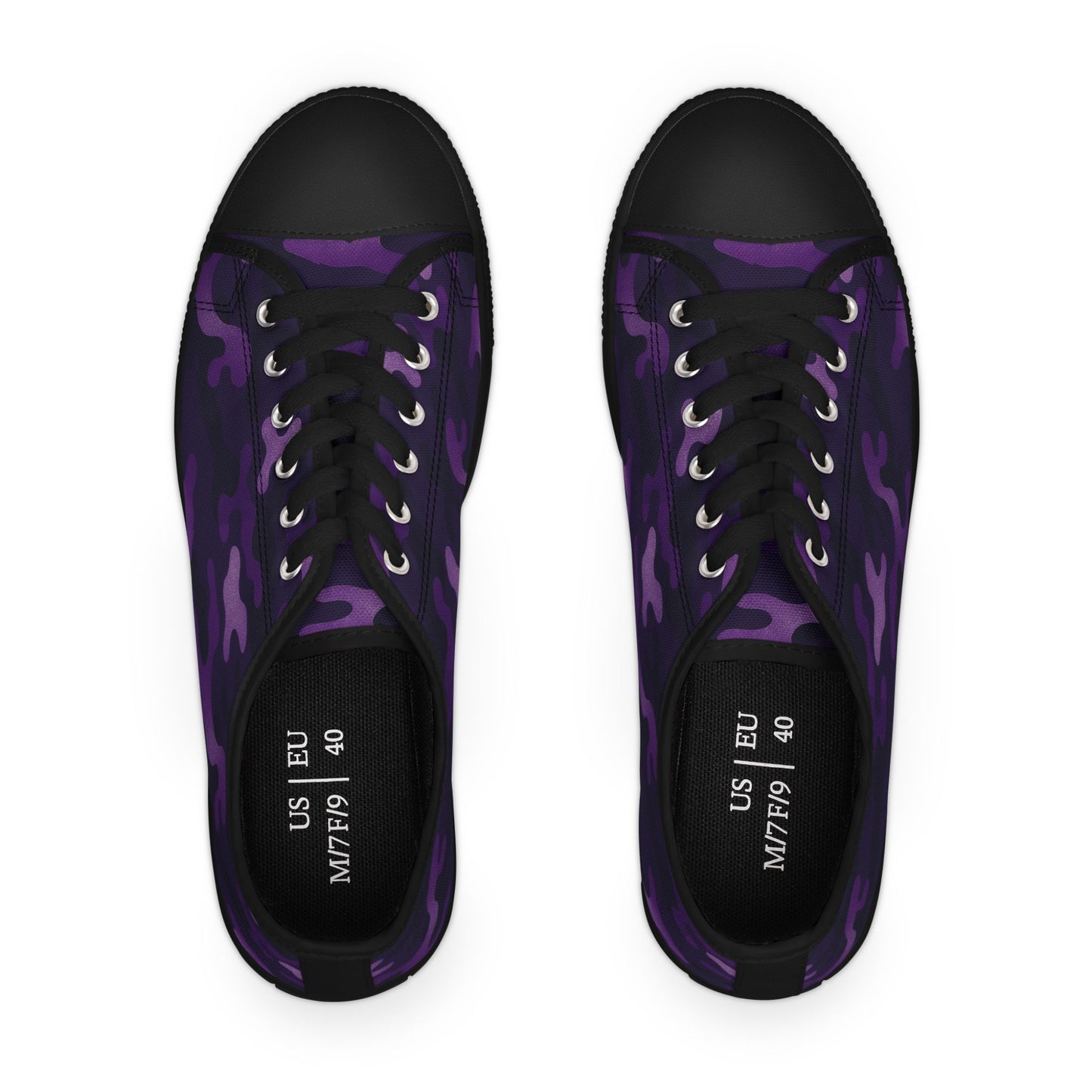 Purple camouflage sneakers with black accents on a white background