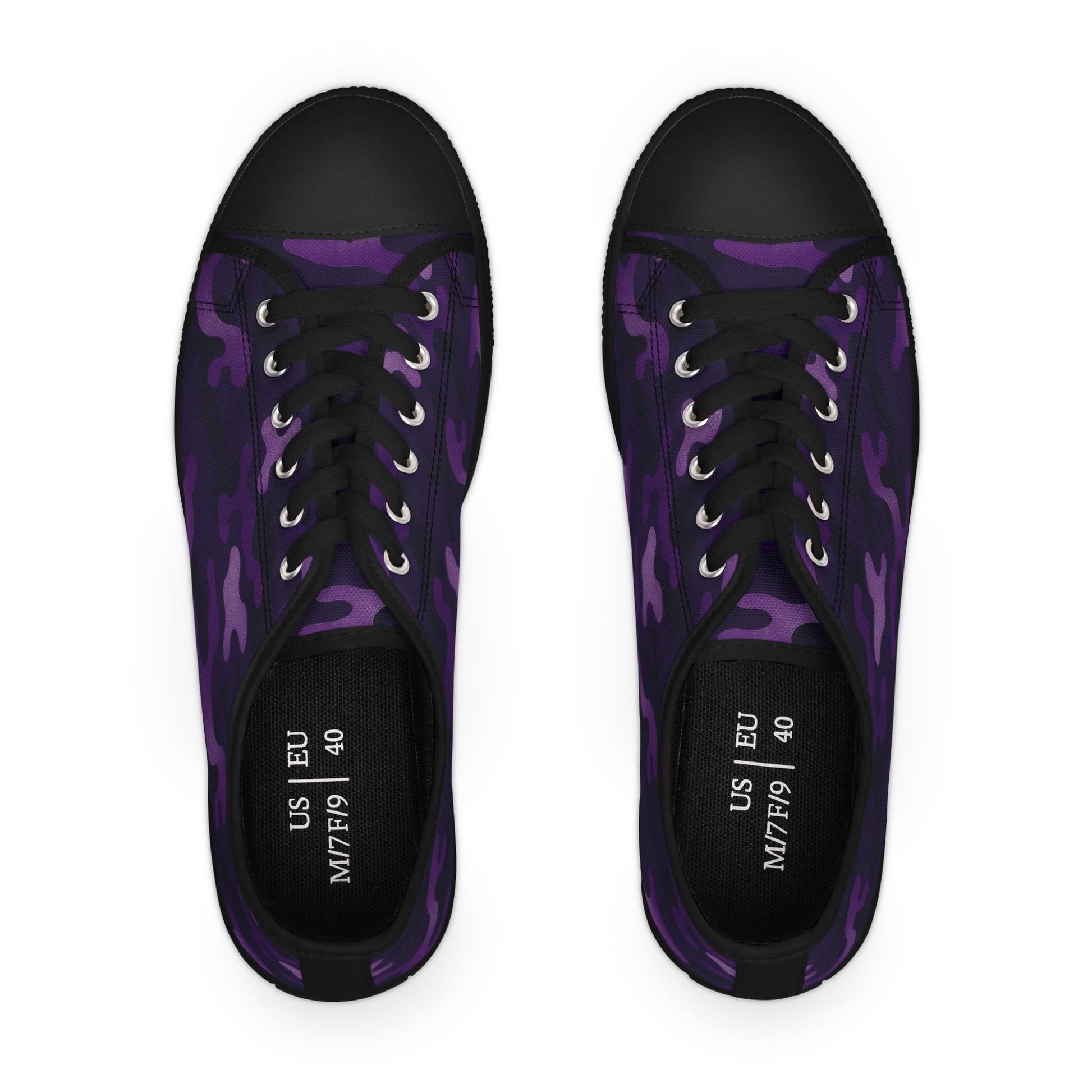 Purple camouflage sneakers with black accents on a white background