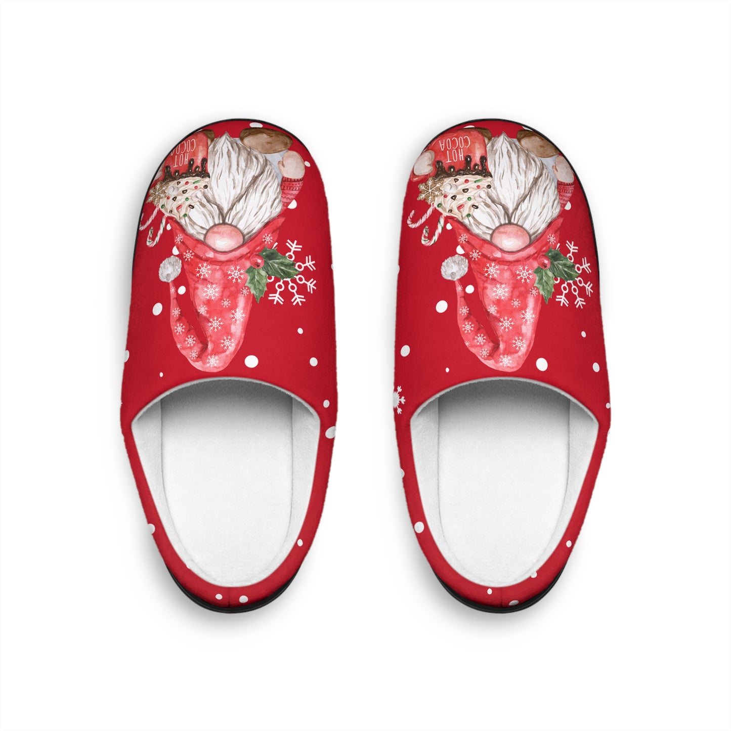 Red slippers with Santa gnome design on a white background