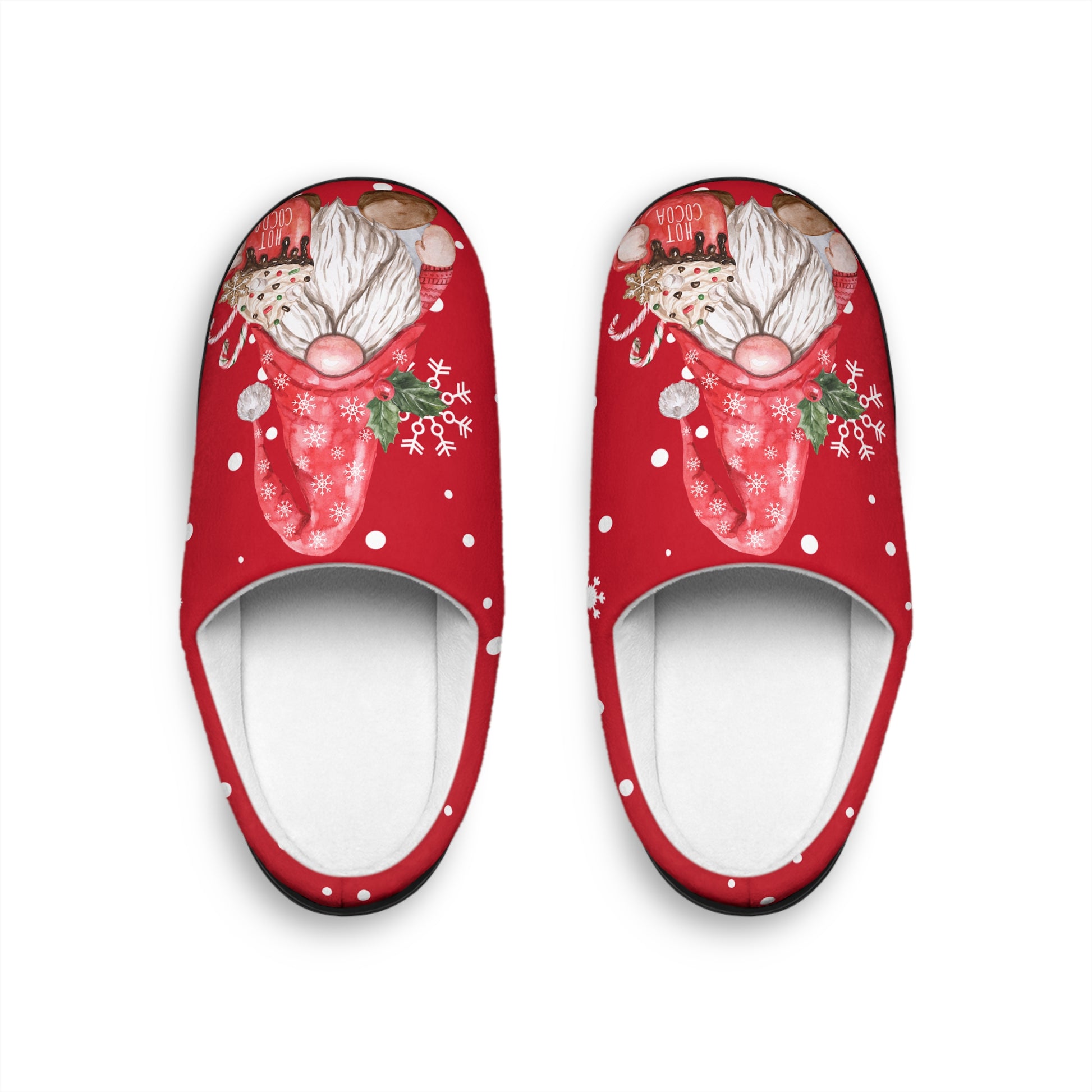 Red slippers with Santa gnome design on a white background