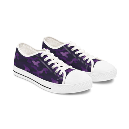 Purple camo sneakers with white laces on a white background