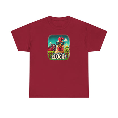 Red unisex t-shirt with a colorful cartoon graphic of a chicken wearing sunglasses, standing in front of a red barn and sunny farm scene, featuring the playful phrase "What the Cluck?" printed below.