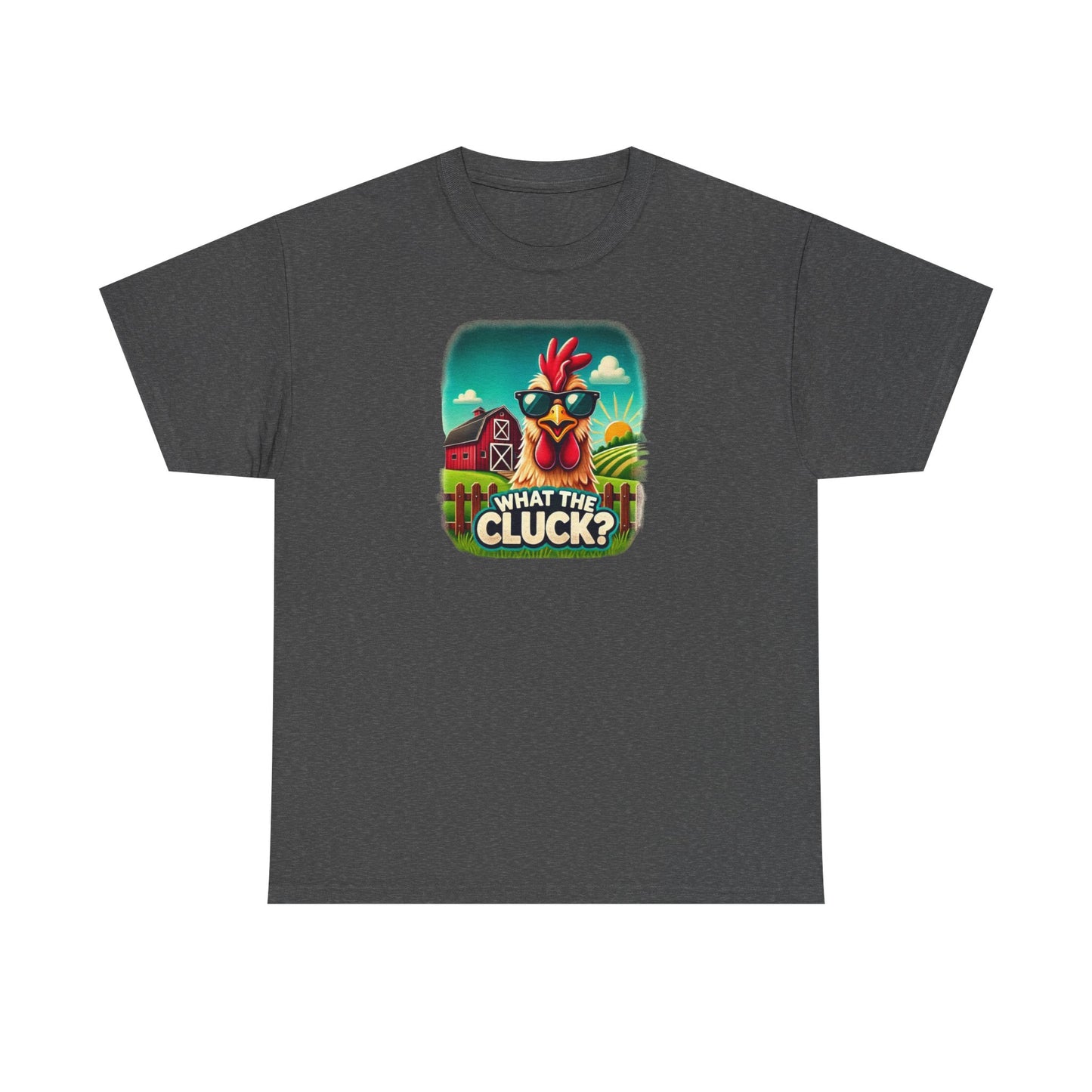 Dark heather gray unisex t-shirt featuring a vibrant cartoon illustration of a chicken wearing sunglasses, with a red barn and sunny farmland in the background, and the humorous phrase "What the Cluck?" printed below.