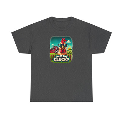 Dark heather gray unisex t-shirt featuring a vibrant cartoon illustration of a chicken wearing sunglasses, with a red barn and sunny farmland in the background, and the humorous phrase "What the Cluck?" printed below.