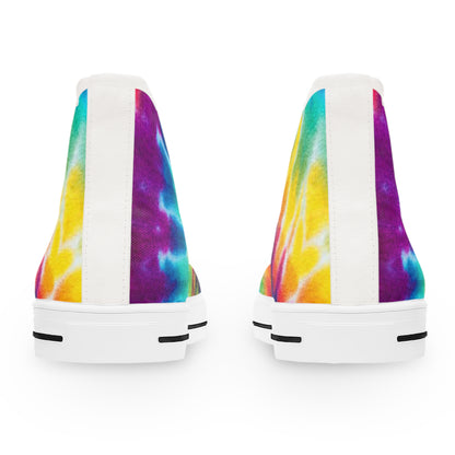 Tie-dye high-top sneakers on a white background