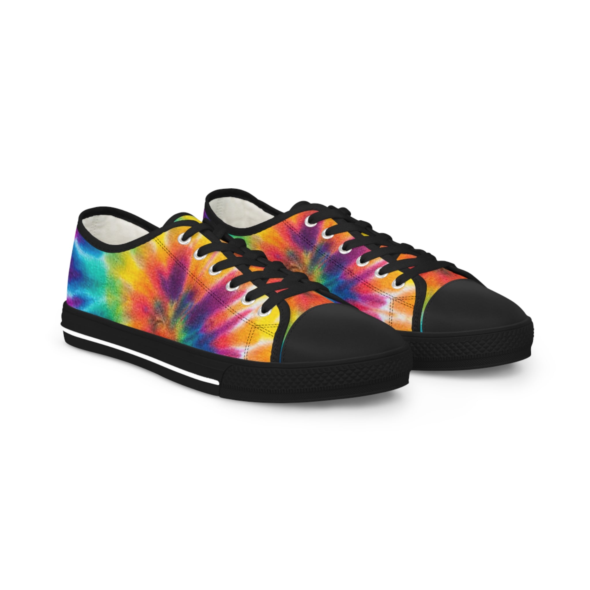 Tie-dye sneakers with black accents on a white background