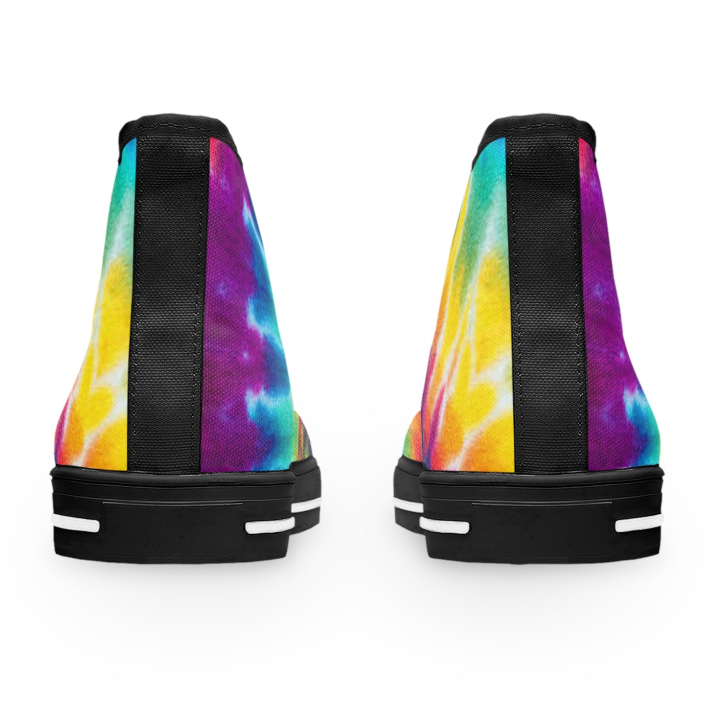 Tie-dye high-top sneakers with black accents on a white background