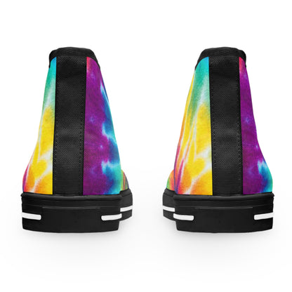 Tie-dye high-top sneakers with black accents on a white background
