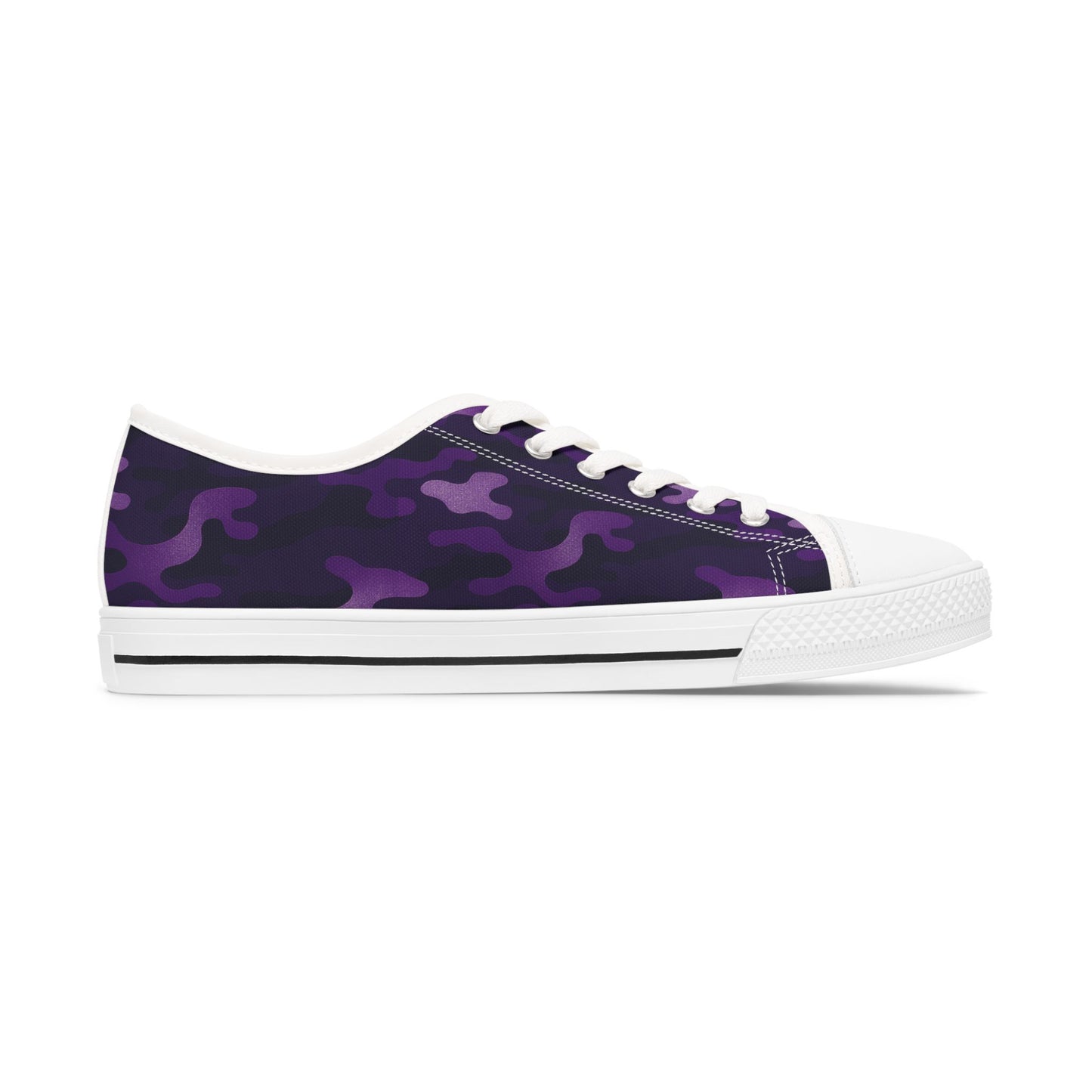 Purple camouflage sneaker with white laces on a white background