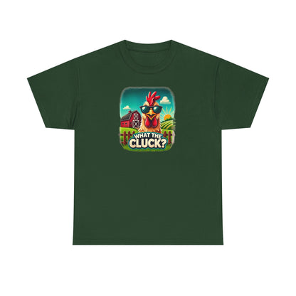 Forest green unisex t-shirt featuring a colorful cartoon design of a chicken wearing sunglasses in front of a red barn and sunny farm background, with the playful phrase "What the Cluck?" printed below.