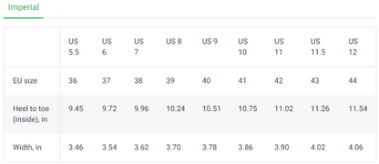 Table showing shoe size conversions between US and EU systems with additional measurements.