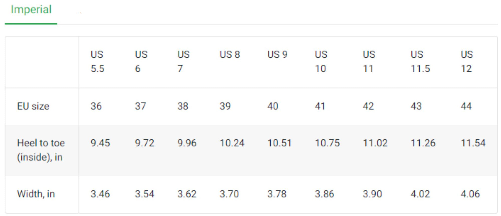 Table showing shoe size conversions between US and EU systems with additional measurements.