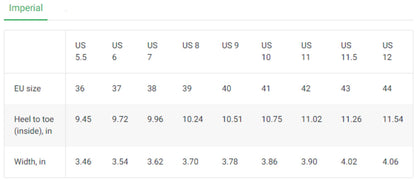Table showing shoe size conversions between US and EU systems with additional measurements.