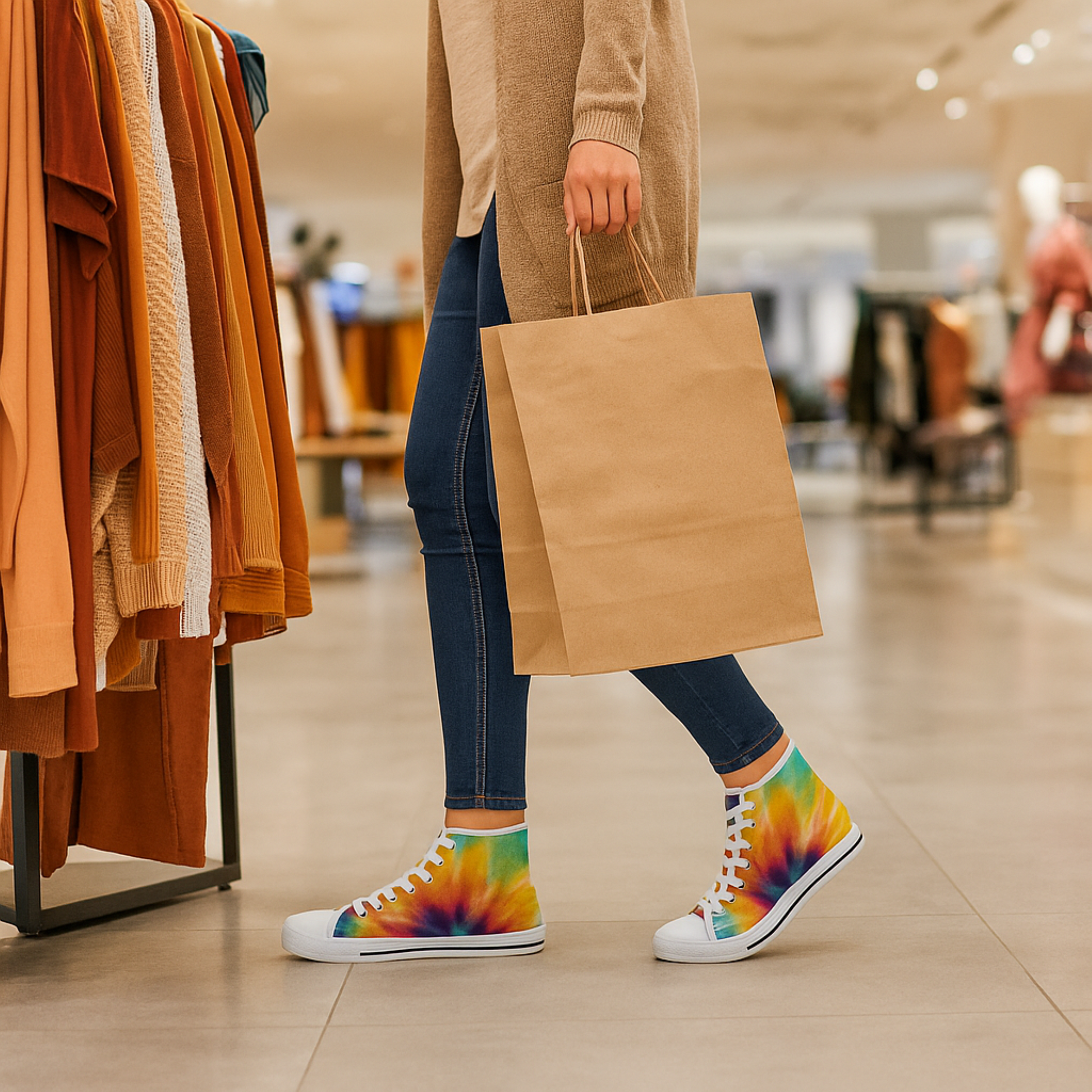 Person wearing tie-dye shoes and holding a brown paper bag in a clothing store.