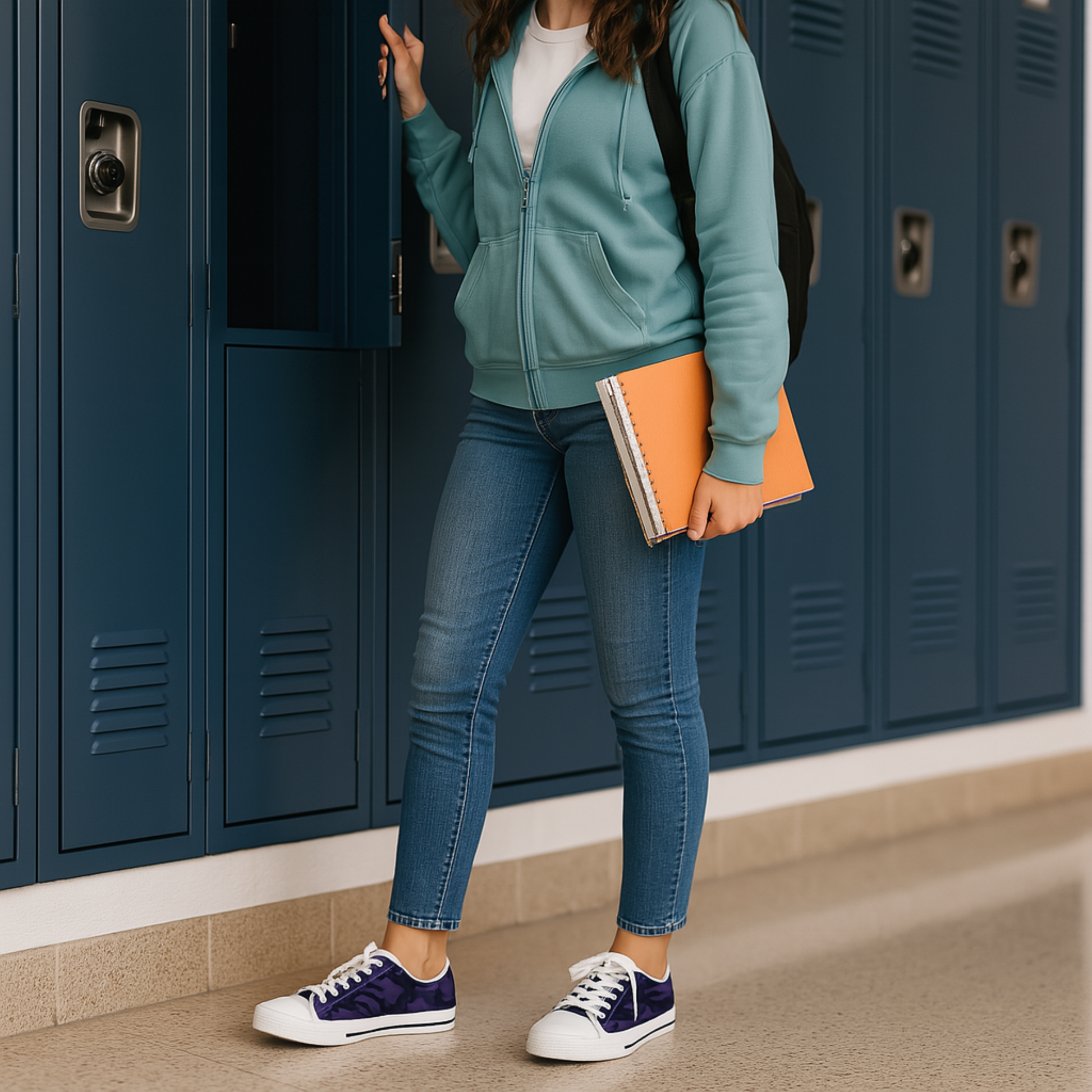 Person standing in front of lockers holding books, wearing a green hoodie, blue jeans and purple camo low top sneakers.