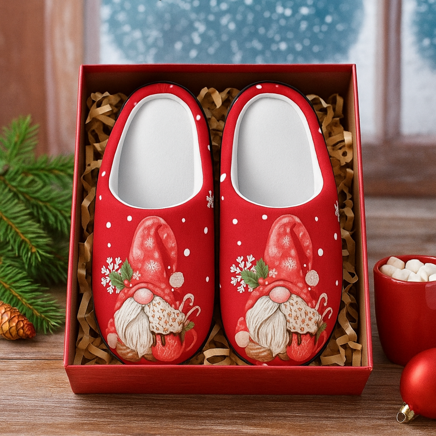 Red slippers with Santa gnome design in a box, surrounded by Christmas décor.