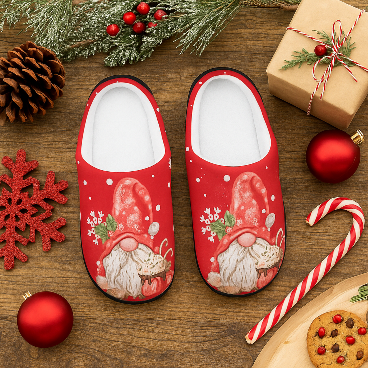 Red slippers with Santa gnome design on a wooden surface with Christmas decorations.