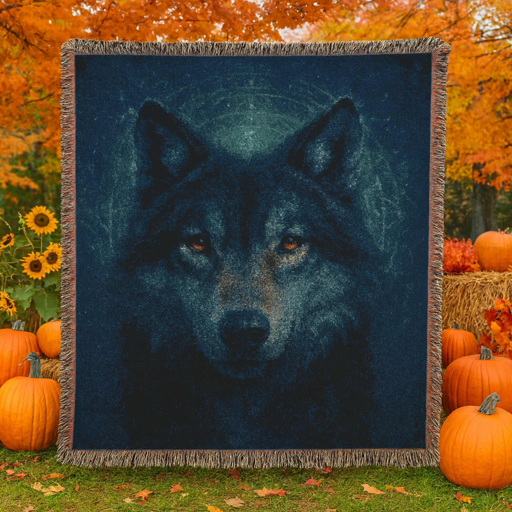 Woven blanket with a wolf design in front of pumpkins and autumn foliage