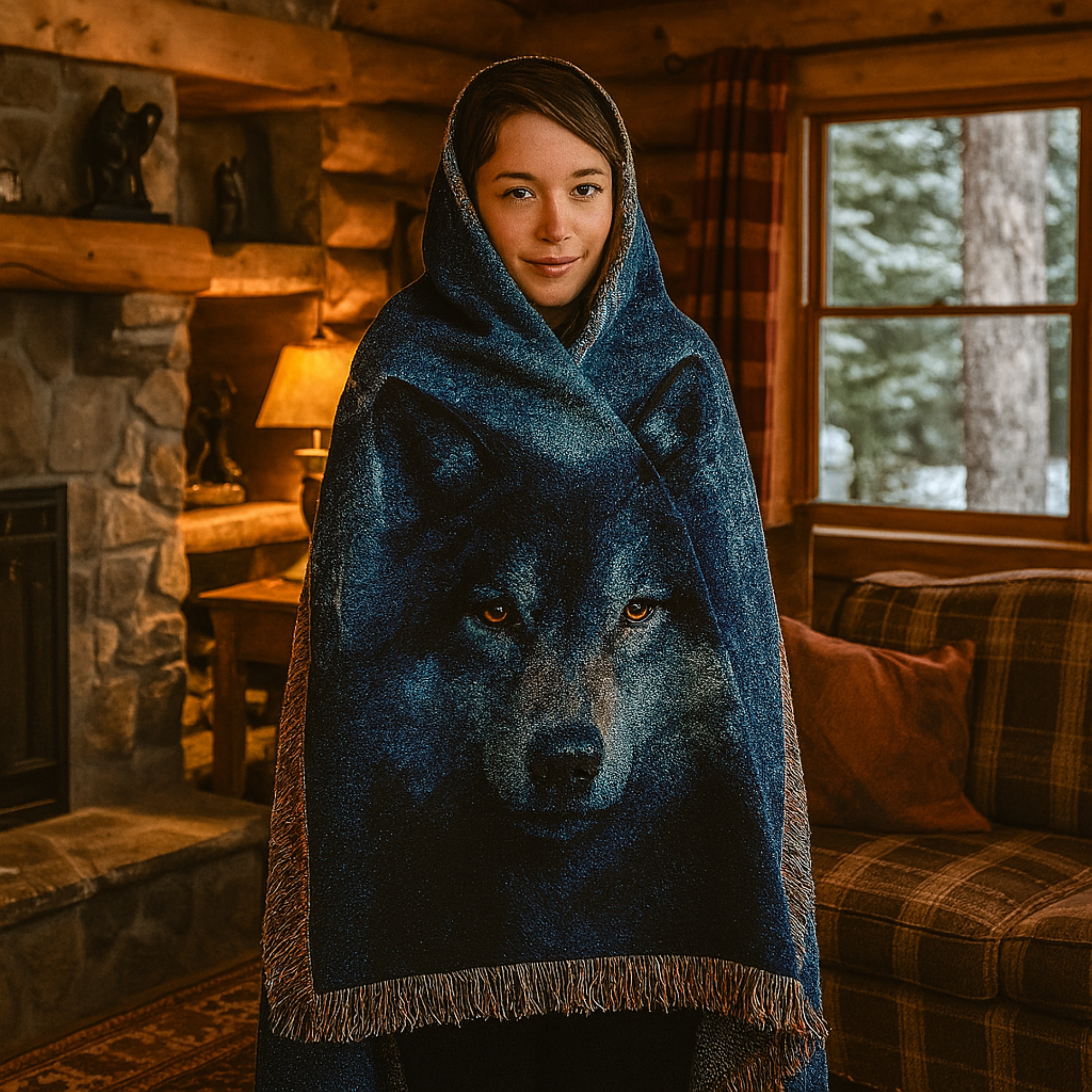 Person wrapped in a blanket with a wolf design in a cozy cabin setting