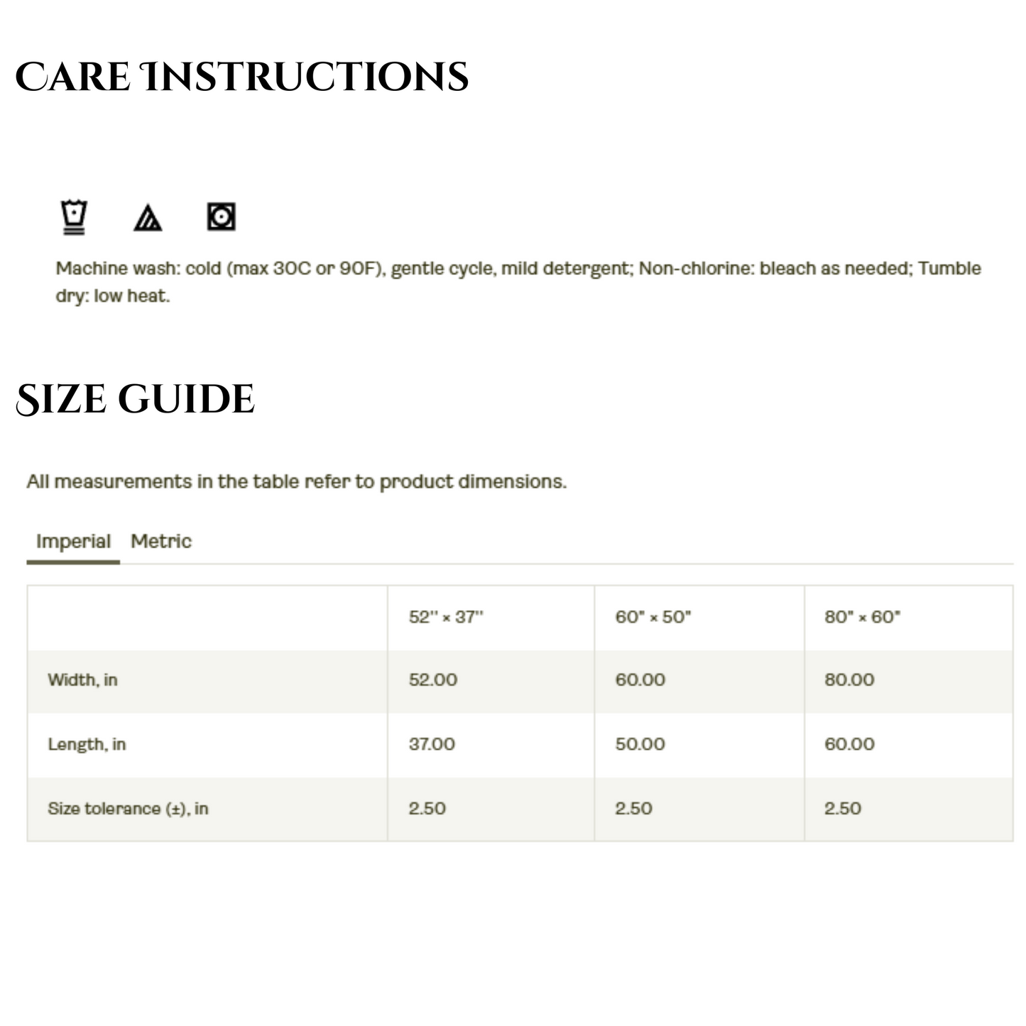 Care instructions and size guide for a product on a white background