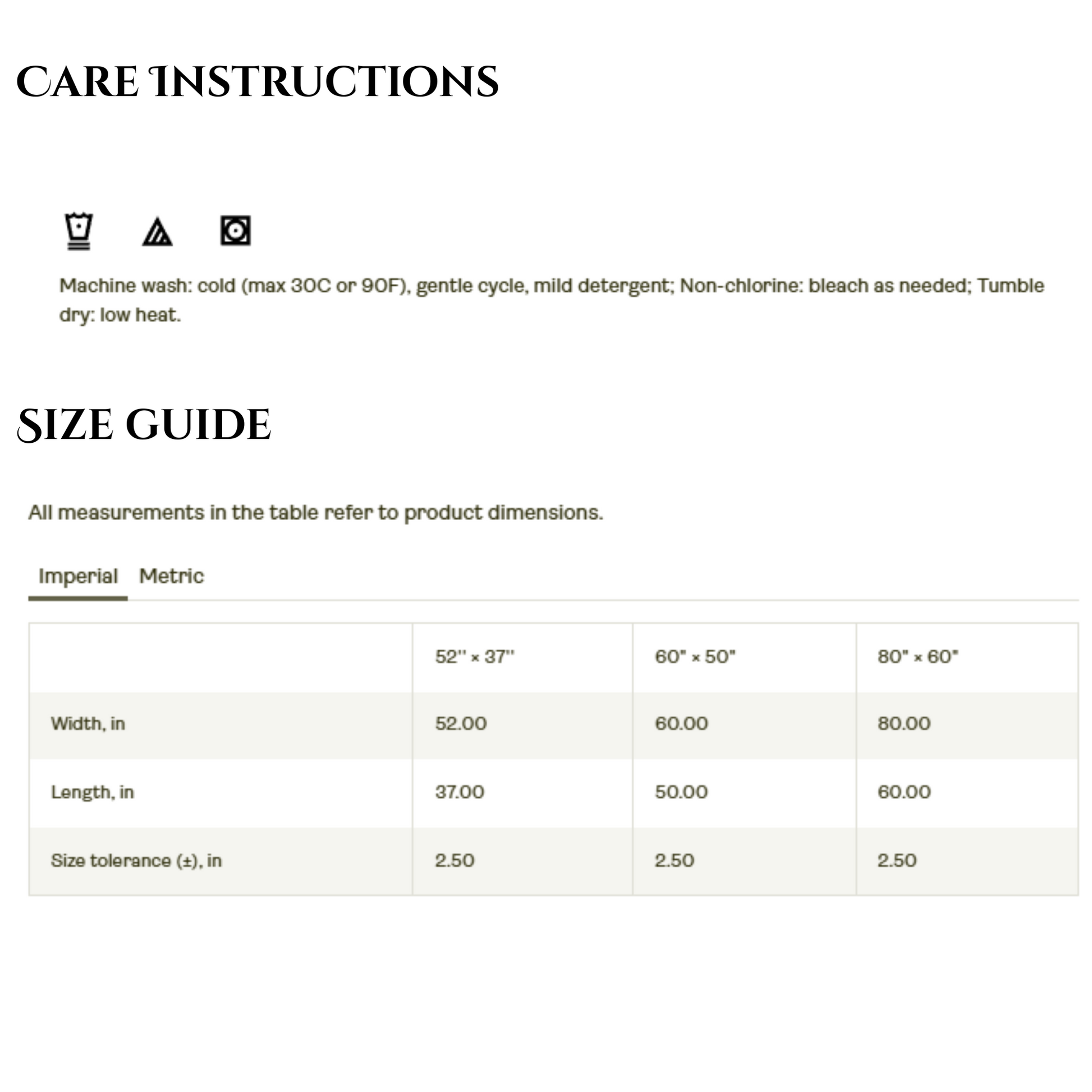 Care instructions and size guide for a product on a white background